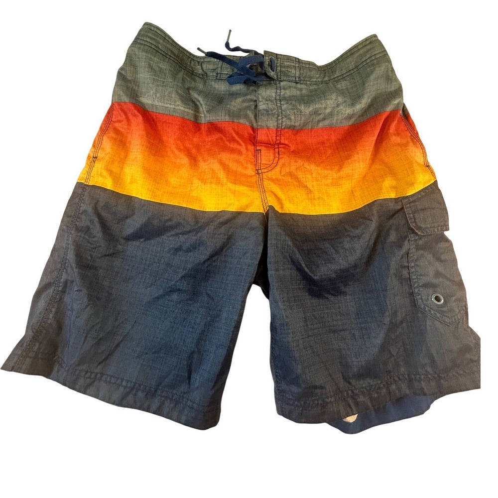 Speedo Mens Board Shorts Large‎ Navy Orange Yellow Sunset Striped Cargo Pocket